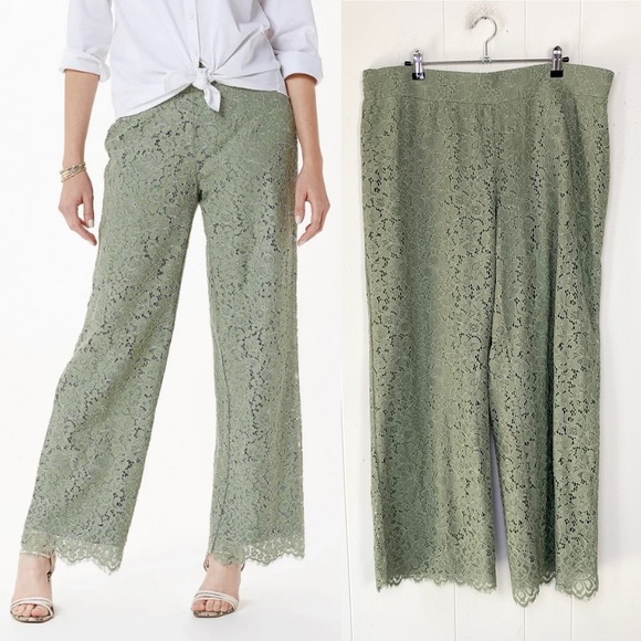 Isaac Mizrahi Live! Wide Leg Knit Lace Pants Smoke Green Pull On Size Large L - Picture 1 of 14